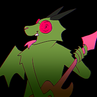 Icon of Deimos. He is a green anthropomorphic dragon looking to the side, his mouth open with his forked tongue sticking out and canines showing. He is wearing round, magenta glasses that hide his eyes and have swirls in them. He has two long straight horns at the top of his head. He is holding a pink guitar, as if he's playing it. One of his green bat-like wings is showing.